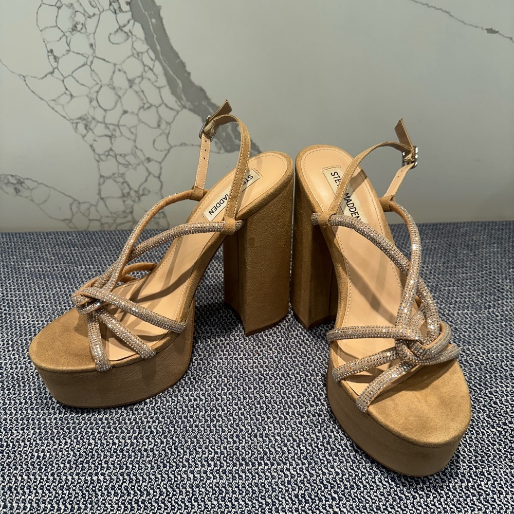 Steve Madden Tan and Rhinestone Platform Heels
